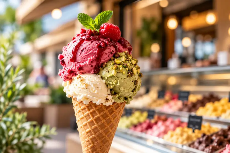 Rożek z gałkami maliny, pistacji i śmietanki